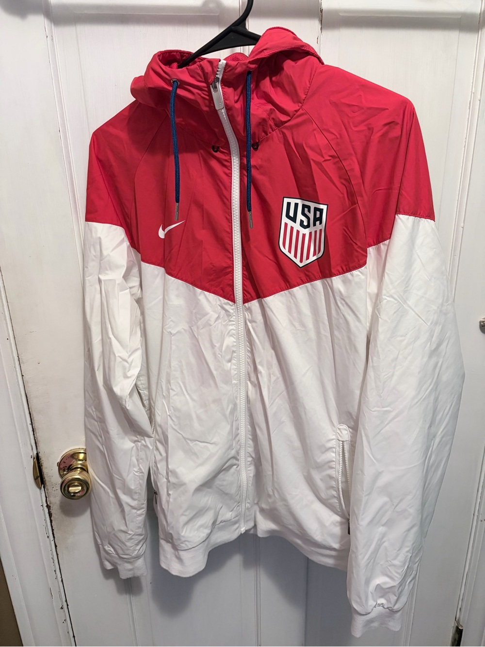 Nike Red and White Hooded Athletic Jacket with Blue Trim